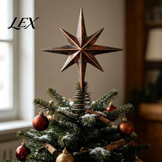 Vintage Metal Star Topper Distressed Eight-pointed Christmas Tree with Stable Spiral Durable Iron Holiday Decor Spring Base, Ornament for Party