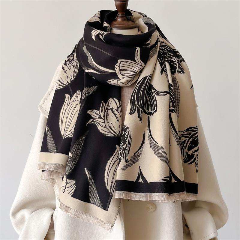 Design Floral Printed Cashmere Scarf Women Winter Pashmina Shawls And Wraps Thick Warm Bufanda Stoles Blanket Luxury