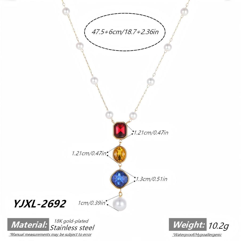 Vintage Baroque Style Stainless Steel Pearl Necklace 18K Gold Plated Colorful Gem Pendant Necklace for Women Daily Party Wear