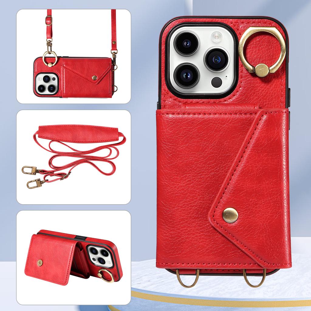 Для iPhone 16 серии. Для iPhone 16, 16 Plus, 16 Pro, 16 Pro Max плечевой ремень веревка кольцо кронштейн дизайн держатель для карт слоты личи узор чехол для телефона