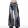 Мужские свободные джинсы с широкими штанинами, пэчворк с бахромой, винтажный уличный стиль