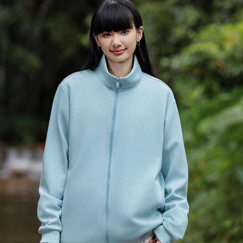 Heavyweight Stand Collar Zipper Jacket - Women's Trendy Autumn/Winter Loose Fit Hoodie, 380g, Solid Color, Drop Shoulder Design.