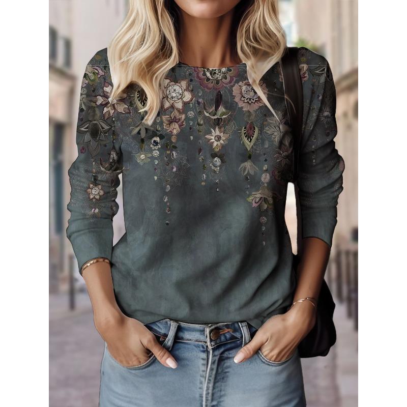 Autumn Fashion Women's Graphic Geometric Abstract O-Neck Long Sleeve T-Shirt Y2K Casual Tops Womens Clothing Harajuku Pullover