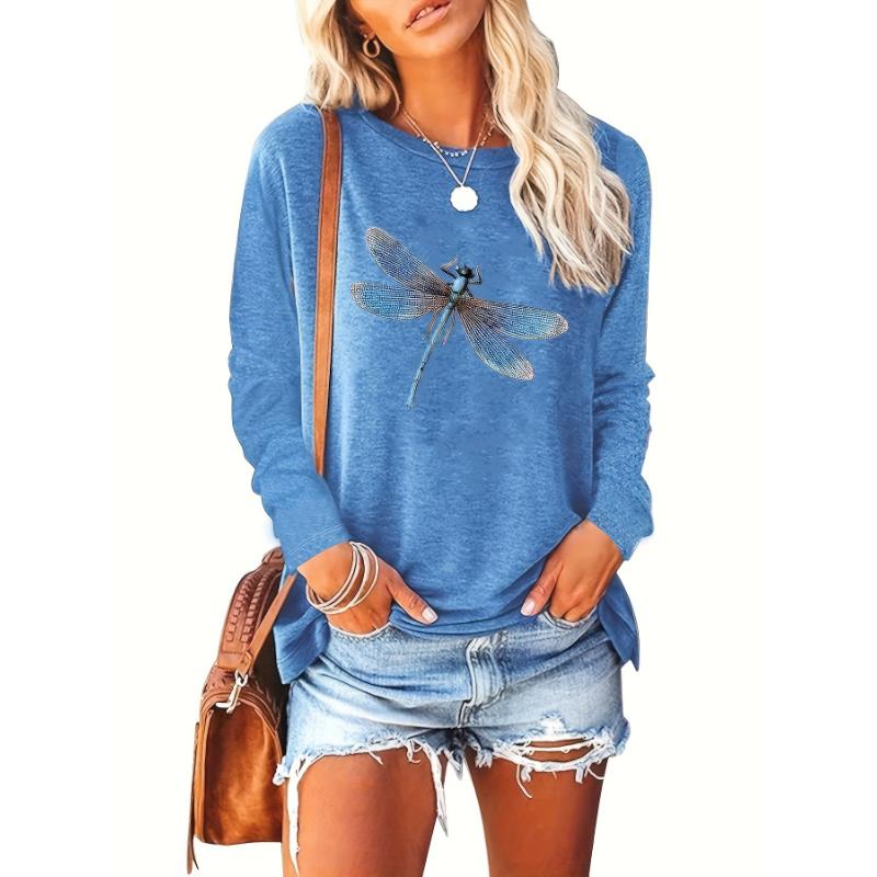Новая разноцветная женская футболка с принтом стрекозы, укороченный топ с длинным рукавом, женская графическая блузка, женская одежда больших размеров, рубашки