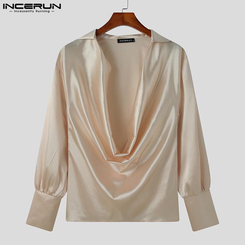 INCERUN Swinging Collar Men Hollow Out Long Sleeves Satin Tops