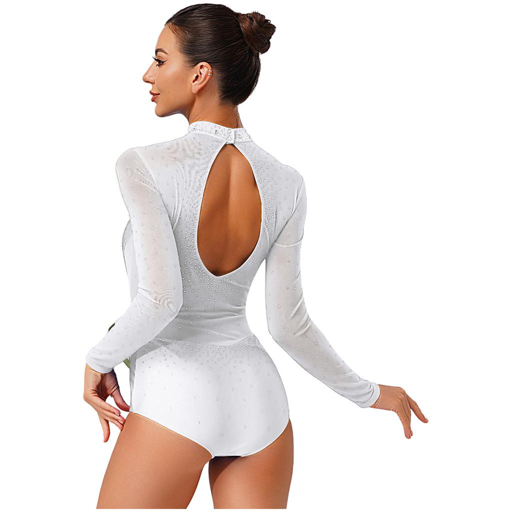 Womens Gymnastics Figure Skating Leotard Long Sleeve Sheer Mesh Sparkle Rhinestone Bodysuit