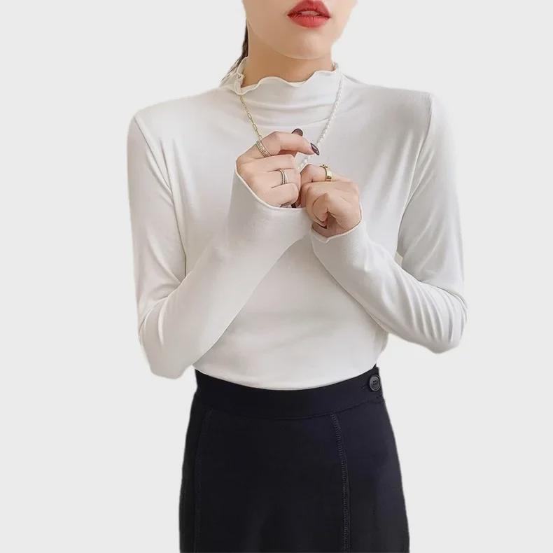 Women's Slim Fit High Collar Long Sleeve T-Shirt - Korean Style, Perfect for Autumn and Winter