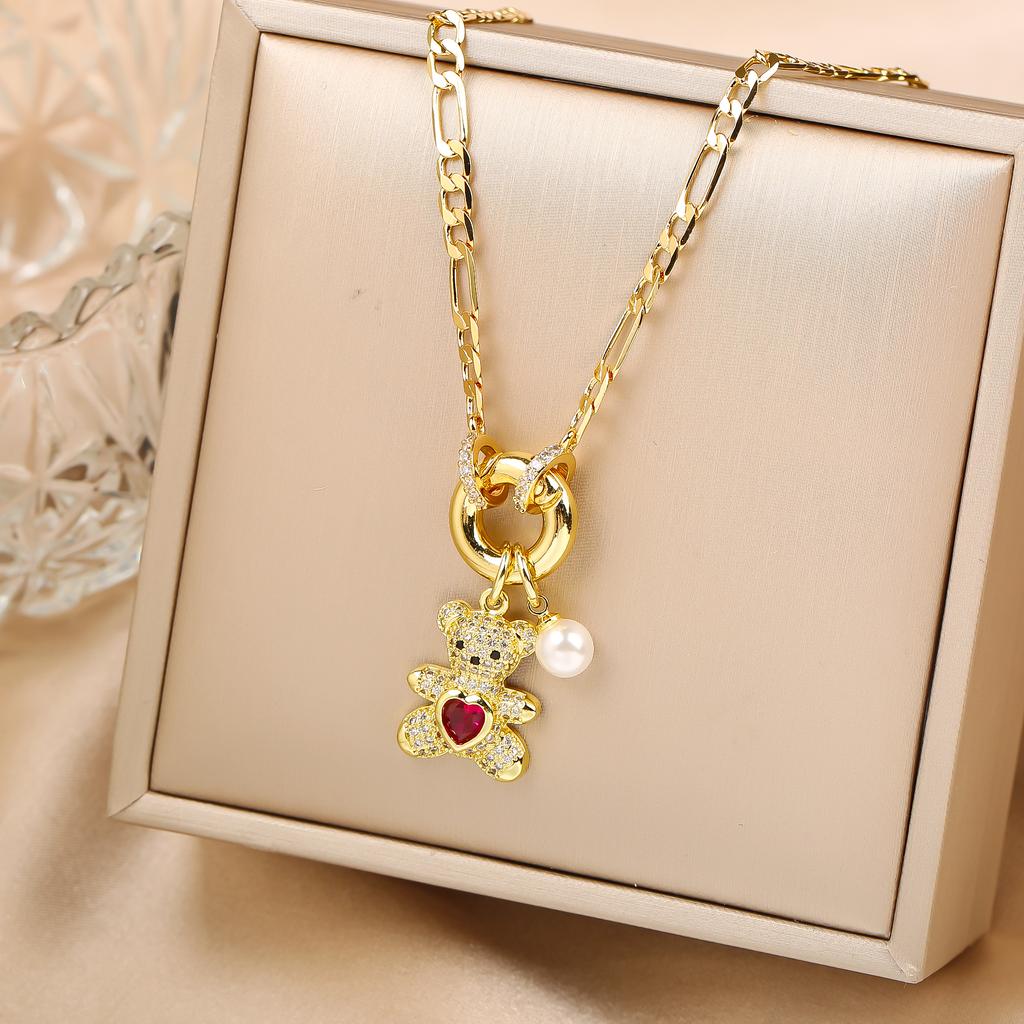 Sparkling Crystal Zirconia Animal Cute Bear Pendant Necklace Classic for Woman Girl Holiday Clavicle Chain Jewelry Casual Gifts
