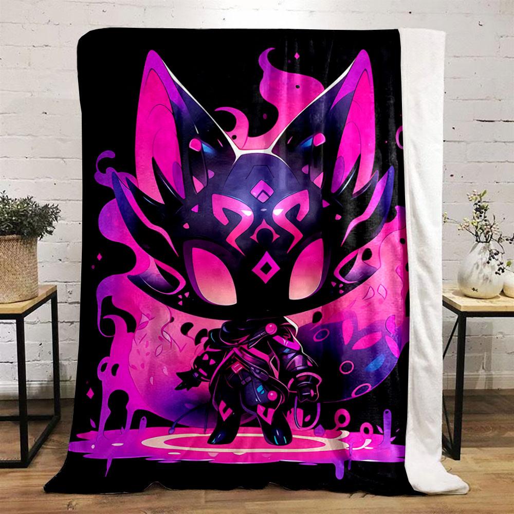 Neon pink and purple fox-like figure with glowing patterns and flames. for all seasons blanket lunch break throw gift