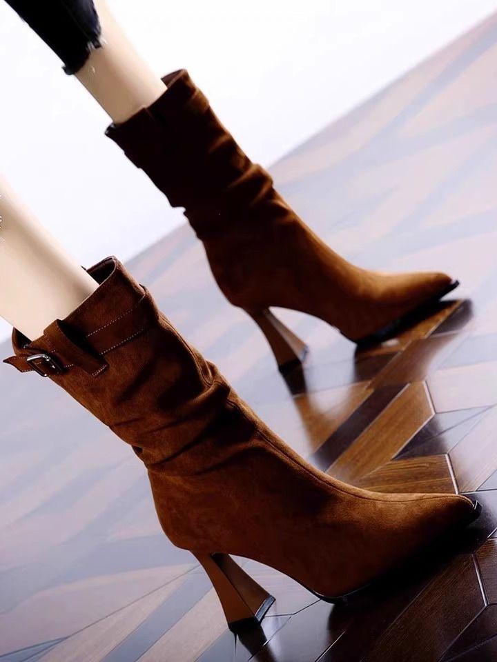 European and American Pointed High-heeled Boots for Women's 2025 Autumn and Winter New Half-boots, Explosive Belt Buckle Elastic Thick-heeled Me