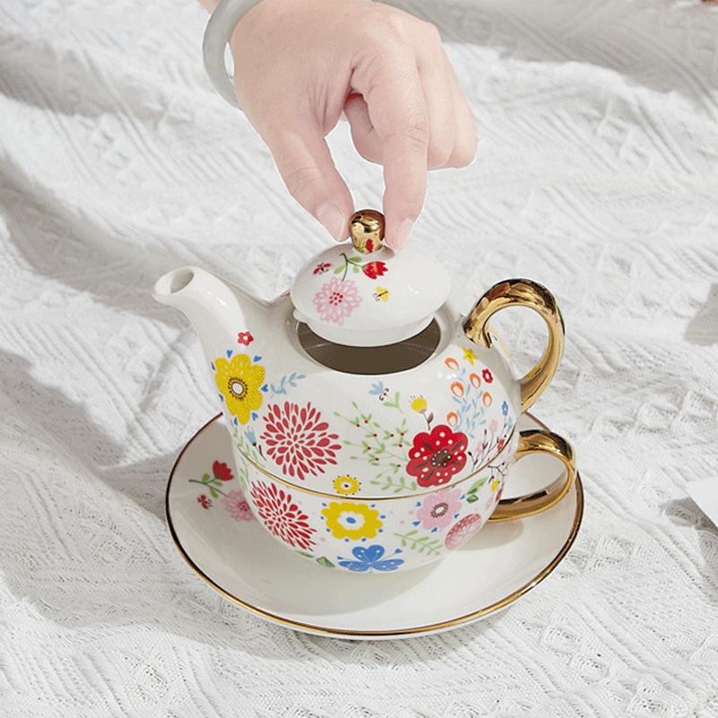 420 мл Керамический чайный набор для одного Цветочный чайник Чайная чашка Блюдце Позолоченная ручка Цветочная кружка Подарочная коробка