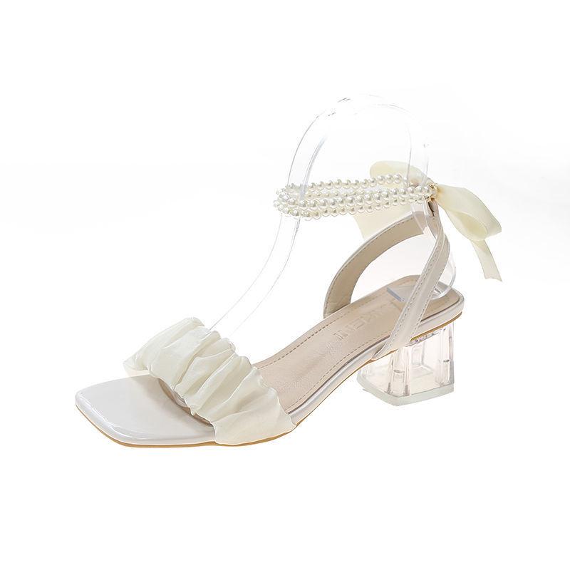 Mesh High Heels Women's Summer 2025 New Medium Thick Heel Crystal French Fairy Pearl Roman Sandals Ins