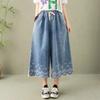 Gentle Wind Fashion Embroidery Elastic Waist Wide Leg Jeans Summer Loose Cover The Flesh Female Cowgirl Cropped Pants