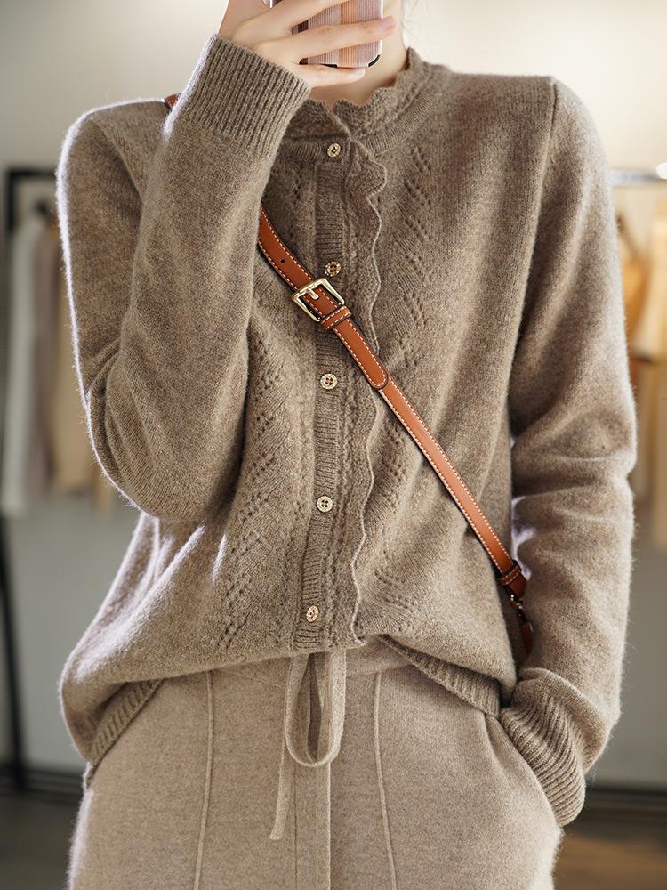 Women's Hollow Lace Wool Cardigan - Half-High Neck, Long Sleeve, Thick Autumn/Winter Style, Versatile, Fashionable Top