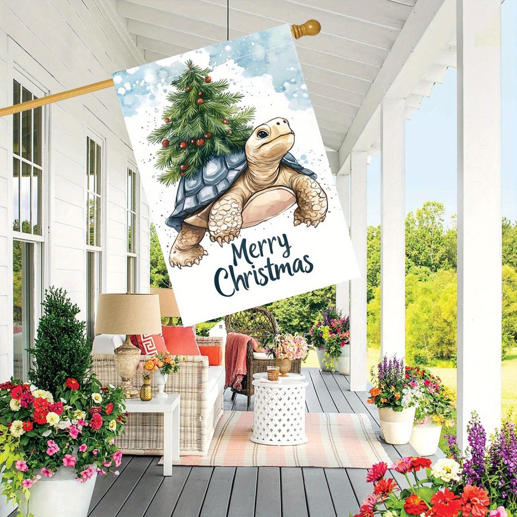 Double-Sided Christmas Turtle and Tree Garden Flag , Polyester, Outdoor Lawn Decoration, No Electricity Needed - 1pc