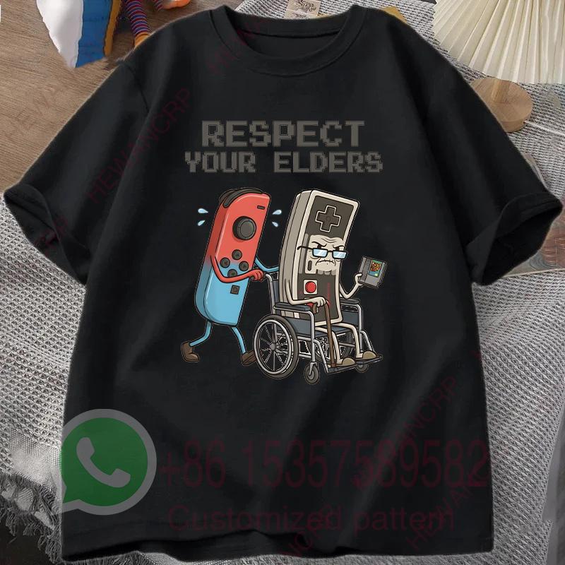 Respect Your Elders Mens Tshirt Summer Tracksiut Roundneck Pullovers Shortsleeved Tops Harajuku Cotton Casual Streetwear