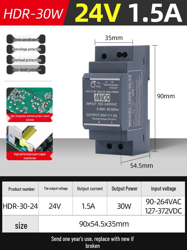 HDR-30 DIN Rail 24V Switched-mode Power Supply, DR-60-12 DC Transformer 220V to 5V, 30/100/15W.