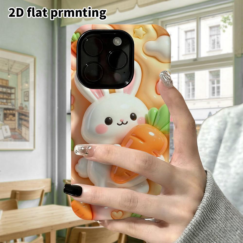 Чехол для телефона: Плоский 2D дизайн, подходящий для защитного чехла iPhone 18 17 16 15 14 13 Pro, с изображением маленького белого кролика, обнимающего морковку, идеальный праздничный