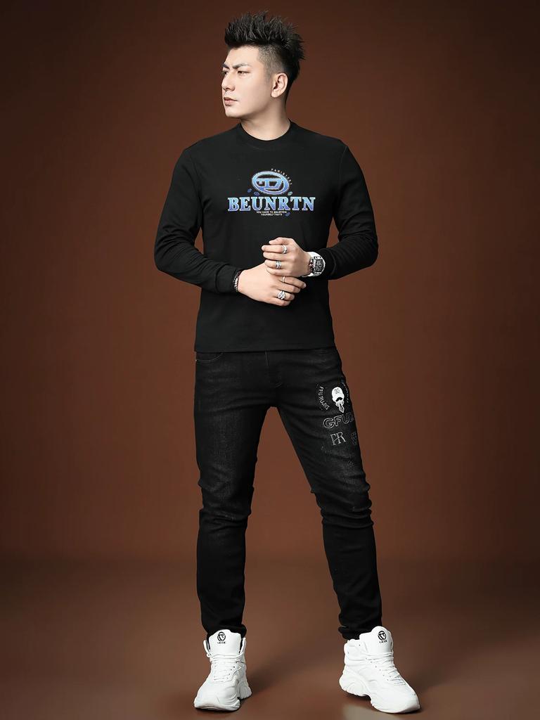 European Trendy Brand Long-Sleeve T-Shirt for Men with Letter Print, 2025 Autumn New Style, Half-High Collar Base Shirt, Autumn Top