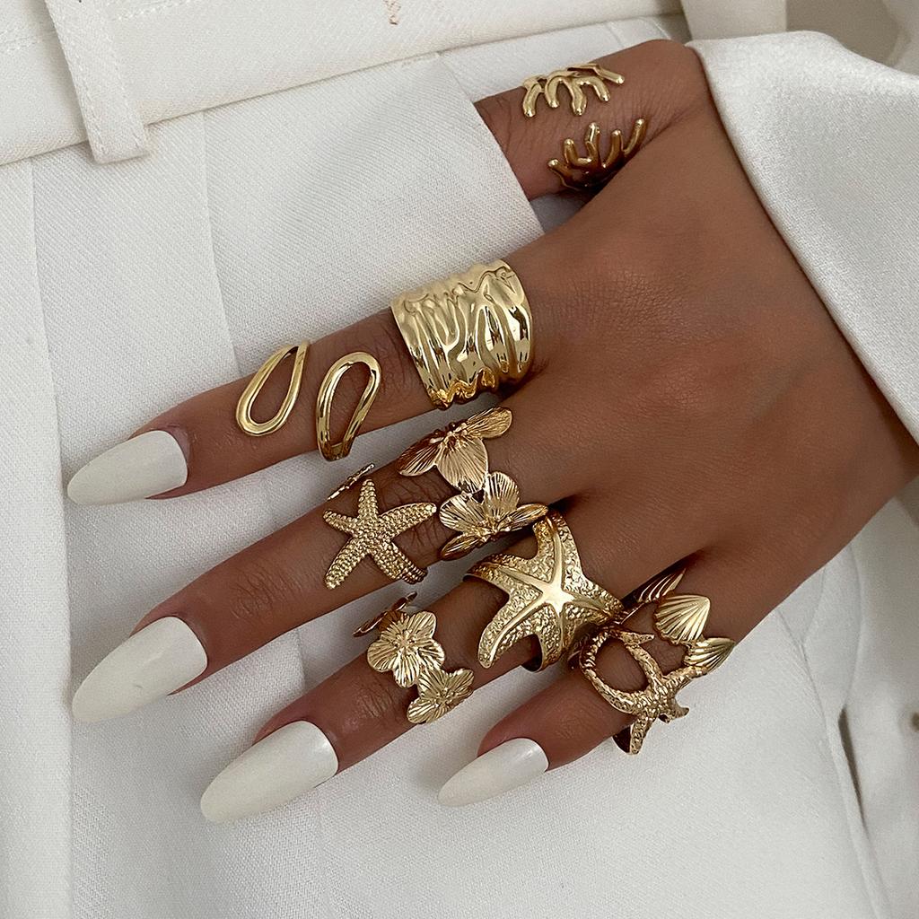SHIXIN 9 Pcs Creative Starfish Scallop Flower Open Rings Set for Women Bohemian Irregular Adjustable Ring Beach Daily Jewelry