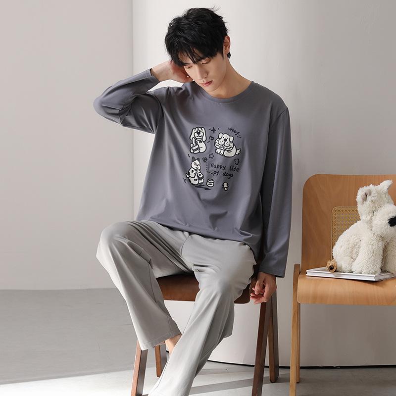 Тип Пижамный костюм из чистого хлопка на осень-зиму для мужчин с длинными рукавами из хлопка, комплект домашней одежды для мужчин, мягкая домашняя одежда для мужчин