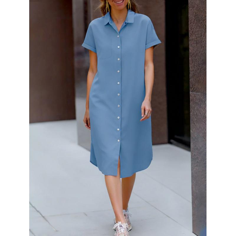 Spring new temperament commuter short-sleeved lapel shirt dress European and American comfortable and casual medium and long styles