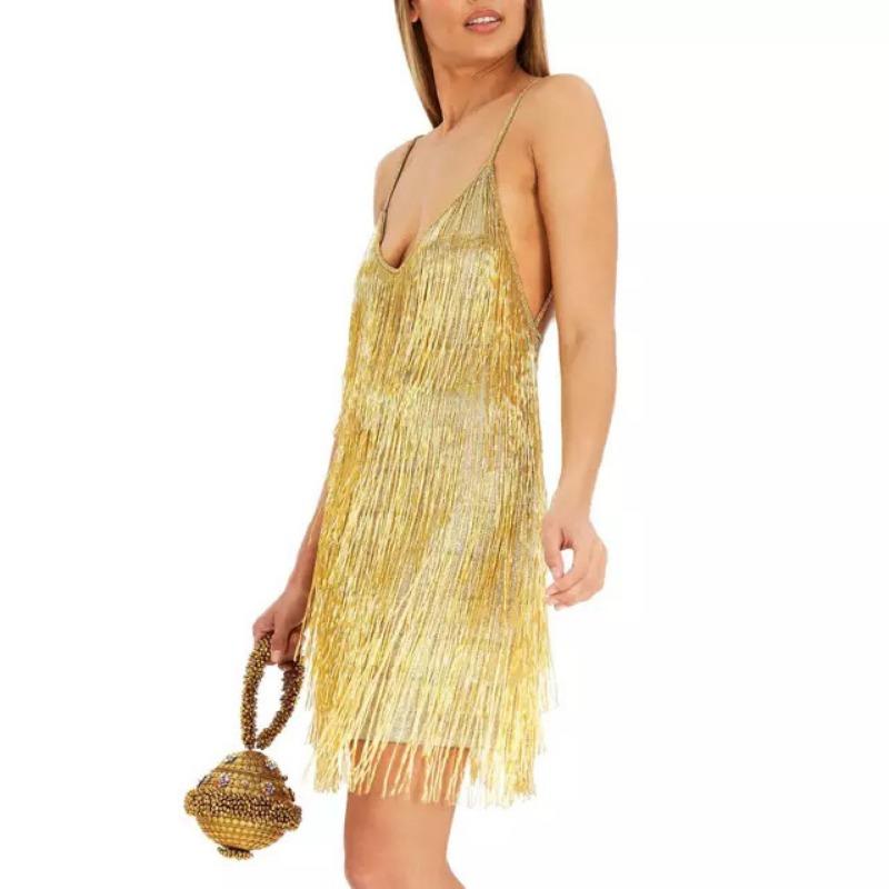 Deep V Spaghetti Strap Backless Mini Dress, Glitter Fringe Tassel Short Dress, Sexy Club Party Evening Performance Bodycon Cocktail Gown Multi Colors