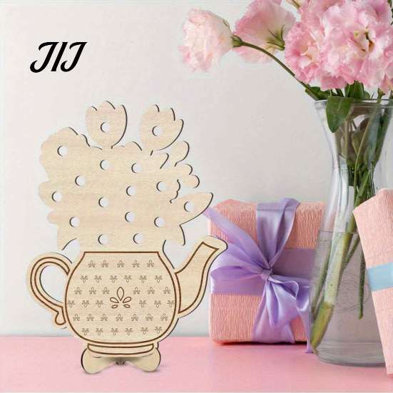 Teapot Shaped Ornament Wooden Shape Flower Holder, Natural Wood Floral Display Stand, DIY Log Decoration Blank Vase Decor for Artificial Arrangement,