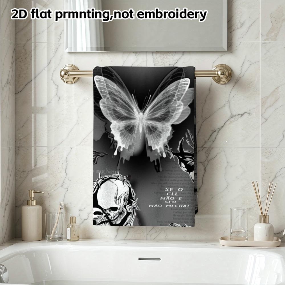 Absorbent Quick Dry Bath Towel, Gothic Skull Butterfly Print, Soft Shower Wash Towel