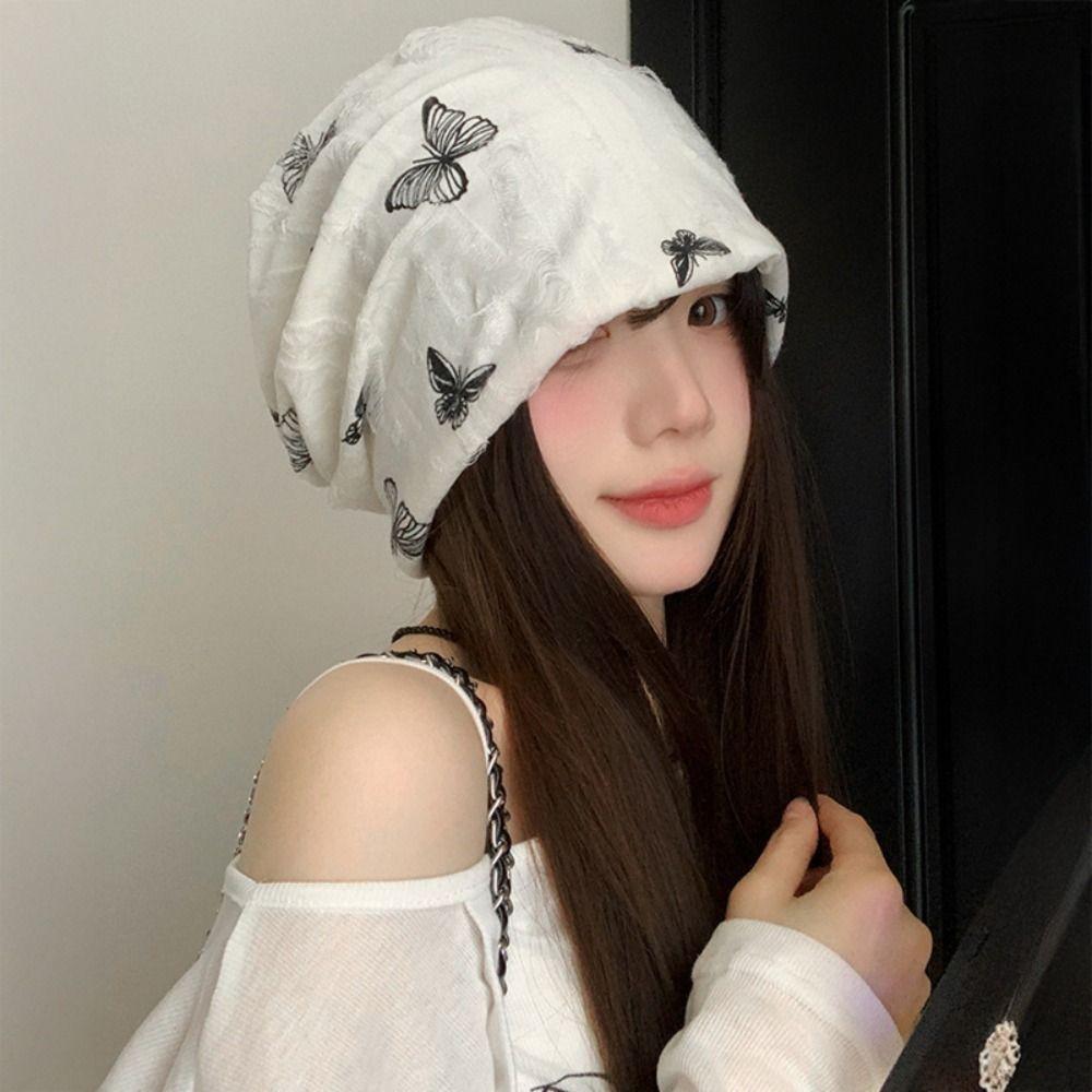 Korean Style Butterfly Print Beanies Holes Pullover Hat Harajuku Hair Caps  Female