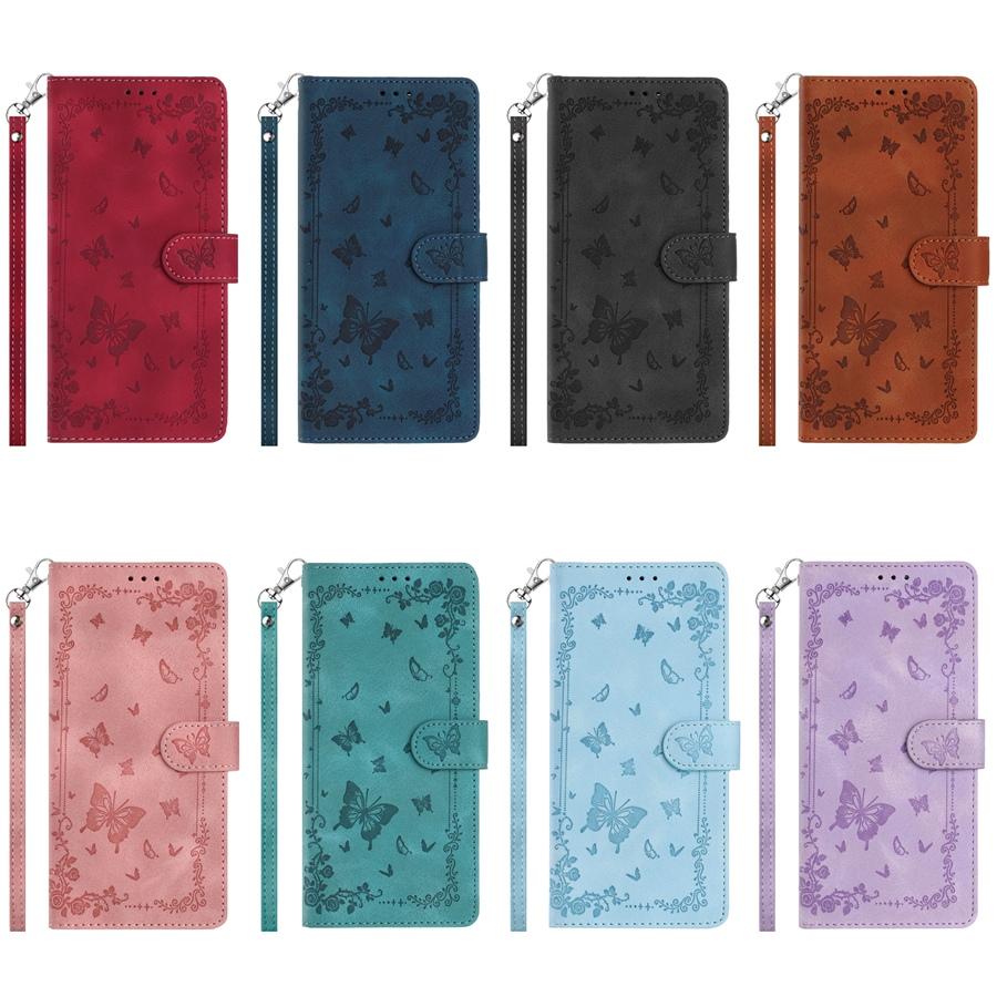 Ретро Тисненый Цветок и Бабочка Чехол для Телефона для iPhone 17 16 15 Кожаный на ощупь PU Кожа Слоты для Карт Чехол-Кошелек с Ремешком на Запястье для Samsung S25 S24 S23