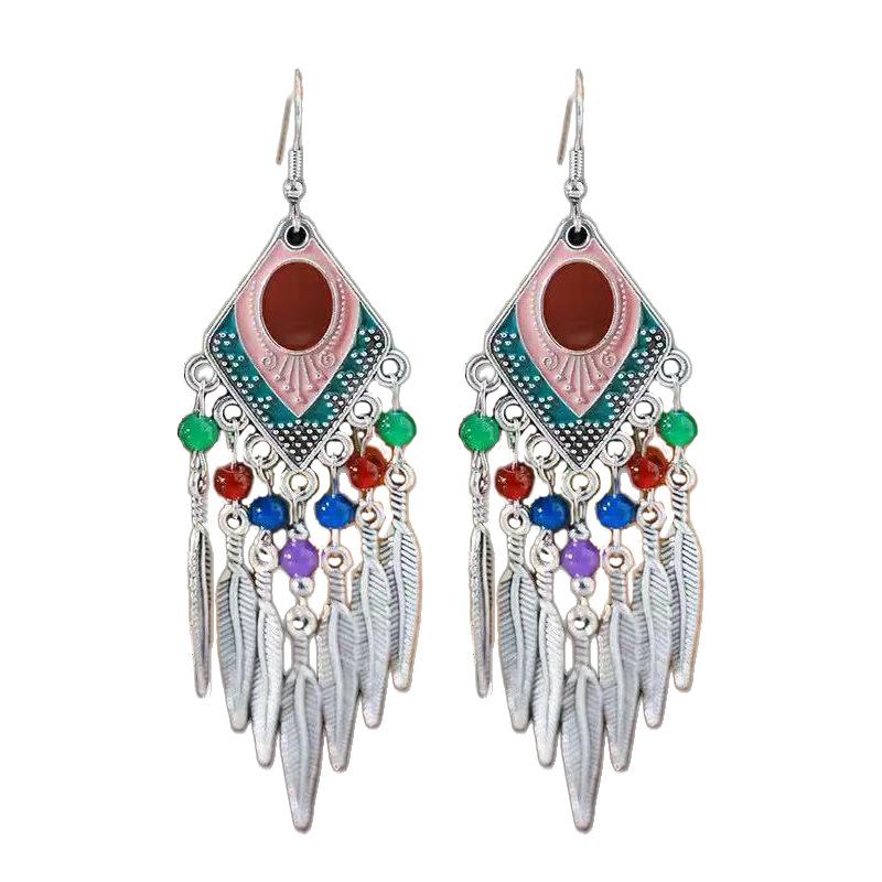 Vintage Ethnic Crystal Drop Oil Dangle Earring for Women Rhombus Leaf Tassel Earrings Vacation Style Jewelry Accessories