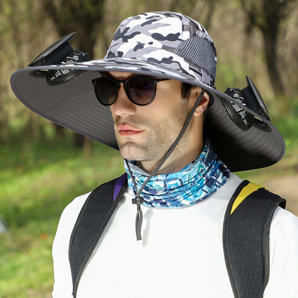 Men Fisherman Hat with Dual Solar Fan Large Brim Windproof Strap USB Charging Anti UV Sunlight Quick Dry Great Breath