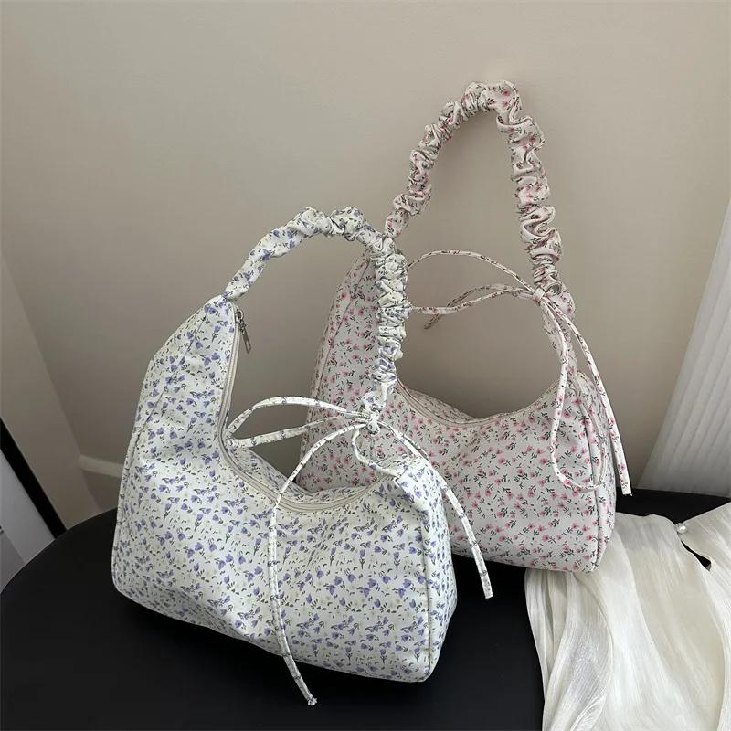 Fresh Canvas Armpit with Pleated Arch Literary Girl Broken Flower Portable Shoulder Bag New