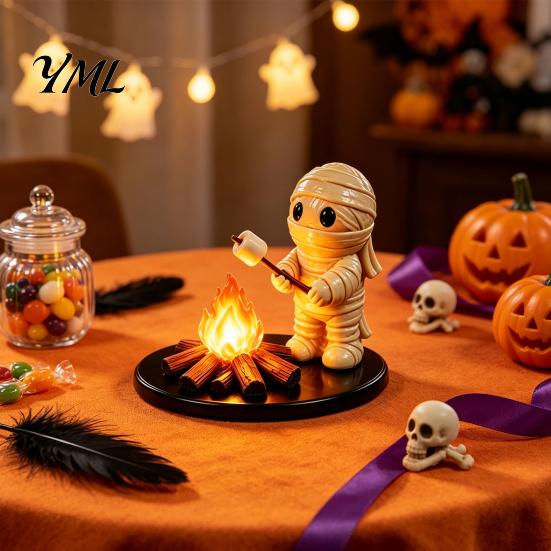 Small Decorative Lamp for Office Halloween Campfire Tealight Holder, Matte Resin Ghost Mummy Scarecrow Figurine, Stable Niche Handmade Art Round Base
