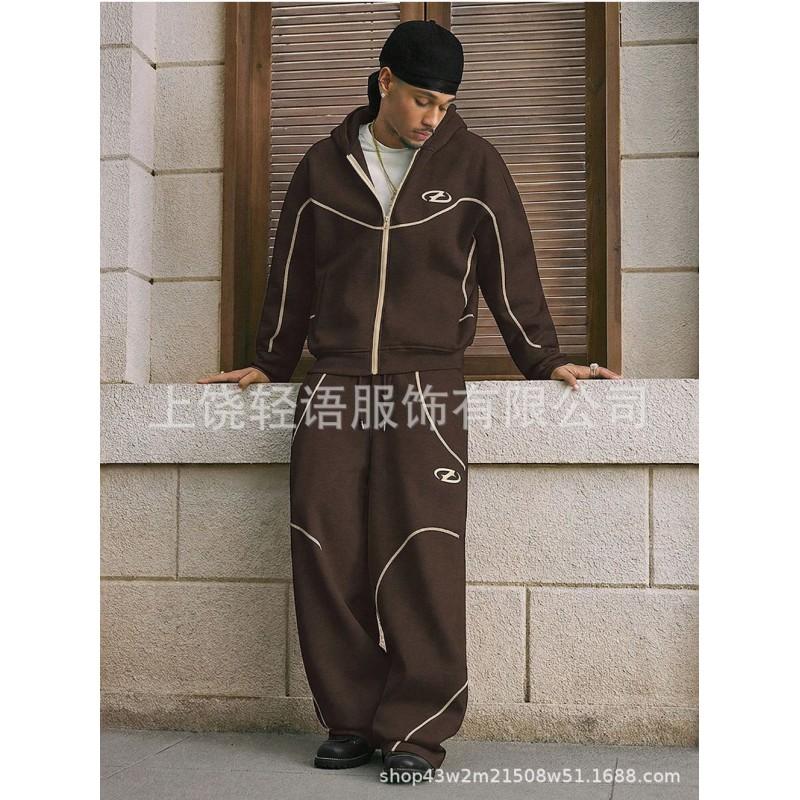 Mens Oversized Hooded Zip-Up Sweatshirt Set Casual Streetwear 2-Piece Outfit 2026