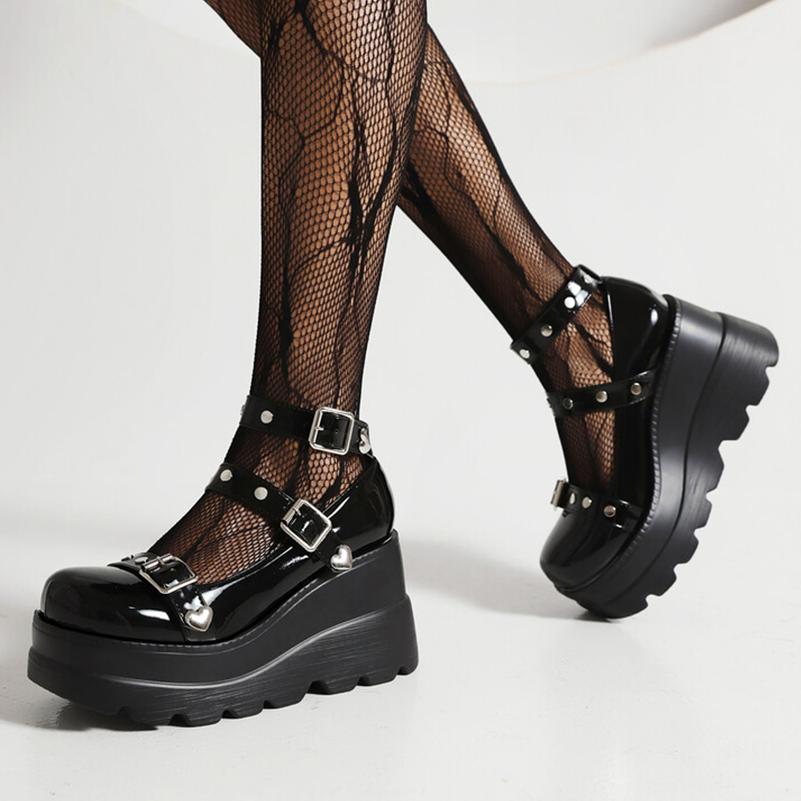Женские туфли-лодочки из искусственной кожи, обувь-гладиатор на платформе в стиле панк, на танкетке с круглым носком, с заклепками и металлическими украшениями, весенне-осенняя обувь, размеры 35-43