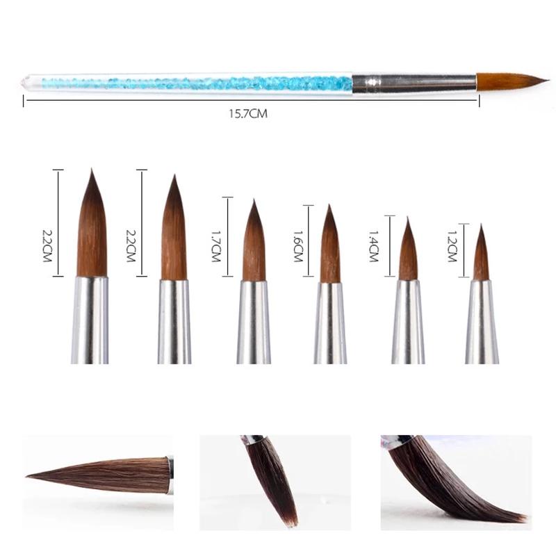 6 шт./компл., нейлоновая кисть для волос, кисть для ногтей, ручка с синими стразами, акриловая кисть Kolinsky, ручка для создания геля для ногтей, инструменты для рисования в точках