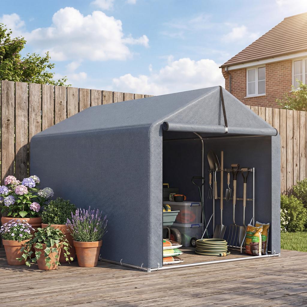 Garage Tent 2.2 X 1.6 M Waterproof Equipment Tent With Roll Up Door Gable Roof Steel Frame UV Resistant Dark Gray