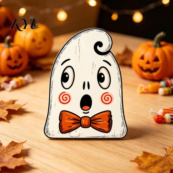 Cute Ghost Pumpkin Decorations Wooden Halloween Ornaments, Retro Desktop for Home Table Tiered Solid Wood Craft Ornament Tray Decor, Rustic