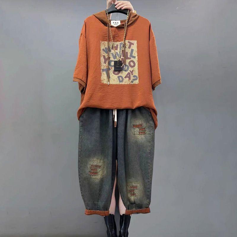 Костюм большого размера, повседневный, индивидуальный, модный, с капюшоном, свободный, с принтом, с короткими рукавами, с девятью точками, из двух частей