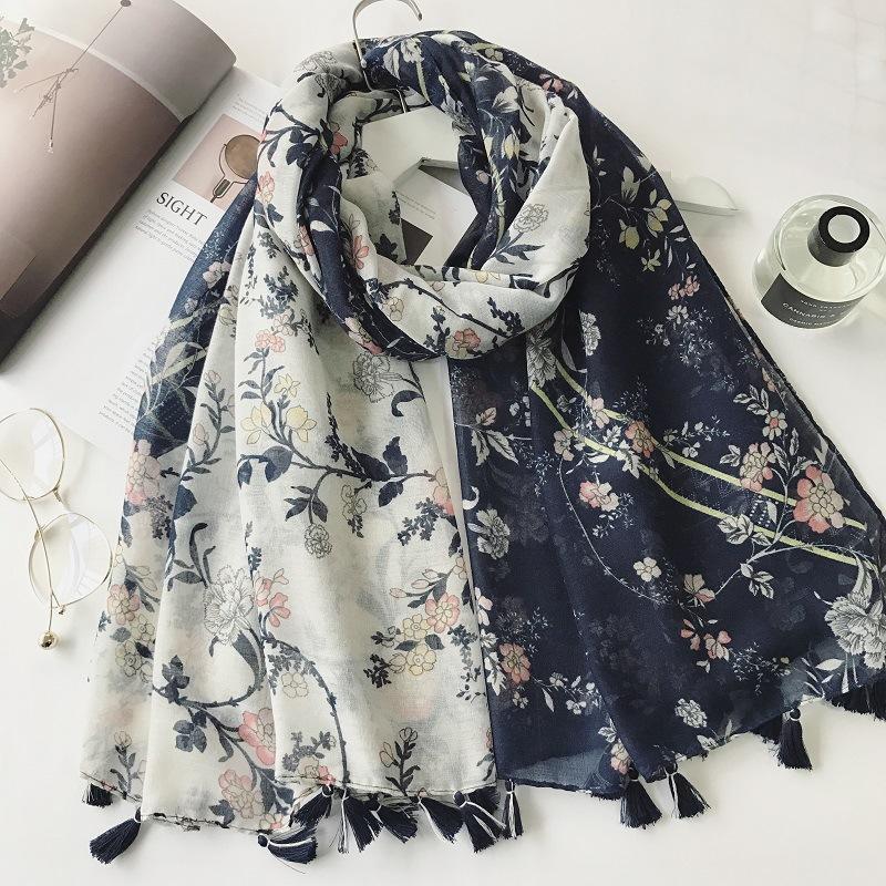 Spain Lovely Polka Floral Line Tassel Viscose Shawl Scarf Lady High Quality Wrap Thin Pashmina Stole Muslim Hijab 180*90Cm