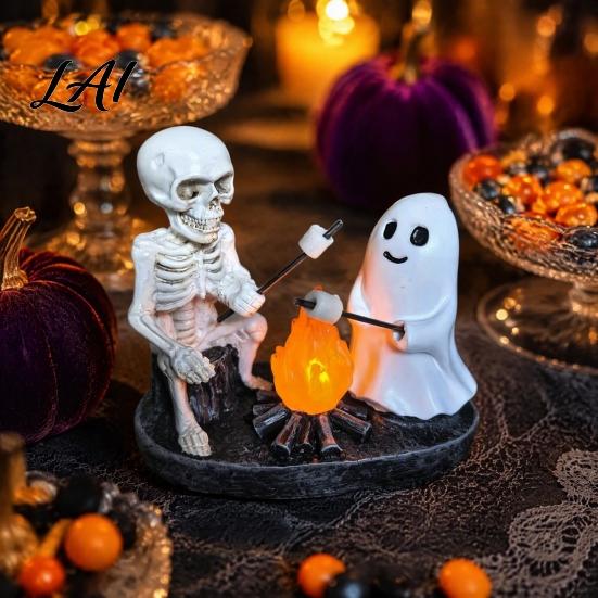 Warm Flame Effect Lamp Skeleton And Ghost Bonfire Night Lamp Halloween Campfire Flickering Table Indoor Outdoor Holiday Light Cute Spooky Roasting
