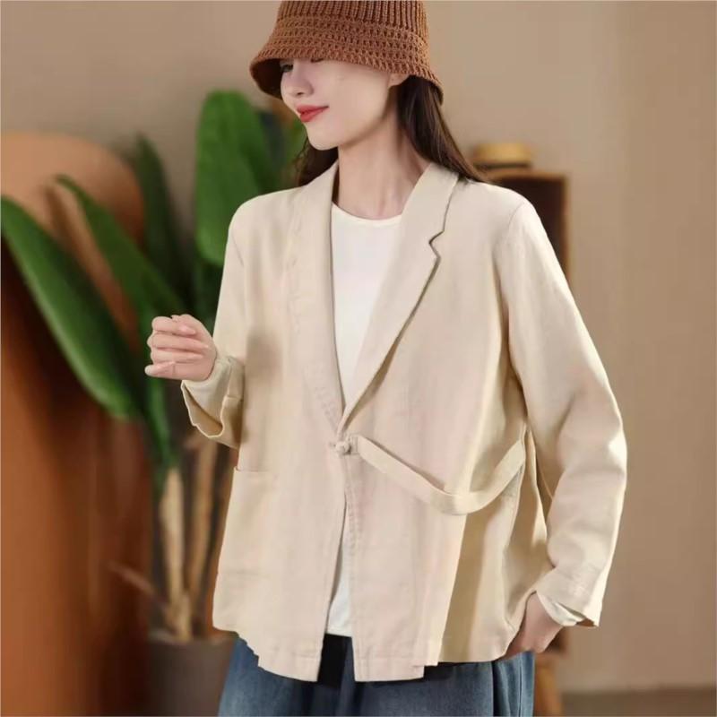 Johnature Woman Autumn Casual Solid Color Loose Long Sleeves Coat Splicing V-Neck Chinese Style Vintage Coat