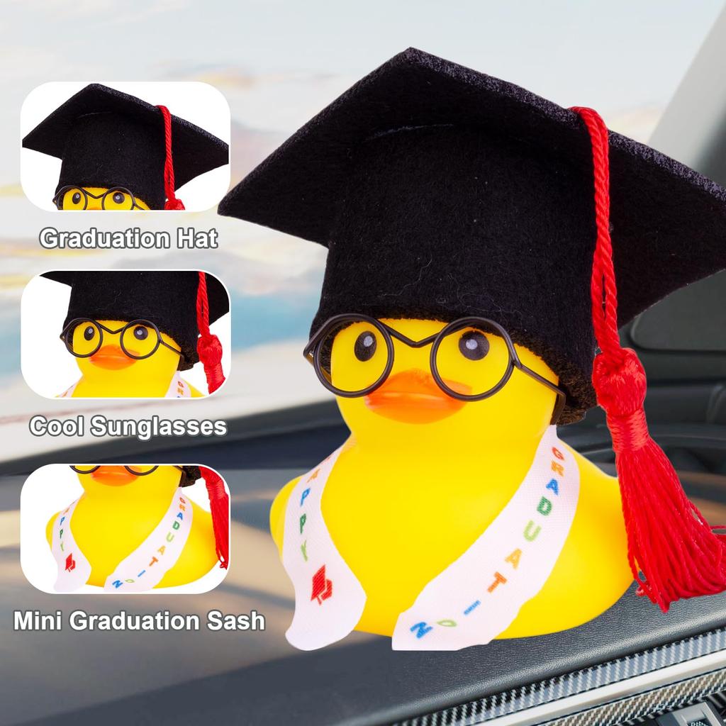 Graduation Ducks Car Dashboard Decorations Rubber Duck Car Ornaments Accessories With Mini Graduation Hats Sashes Glasses
