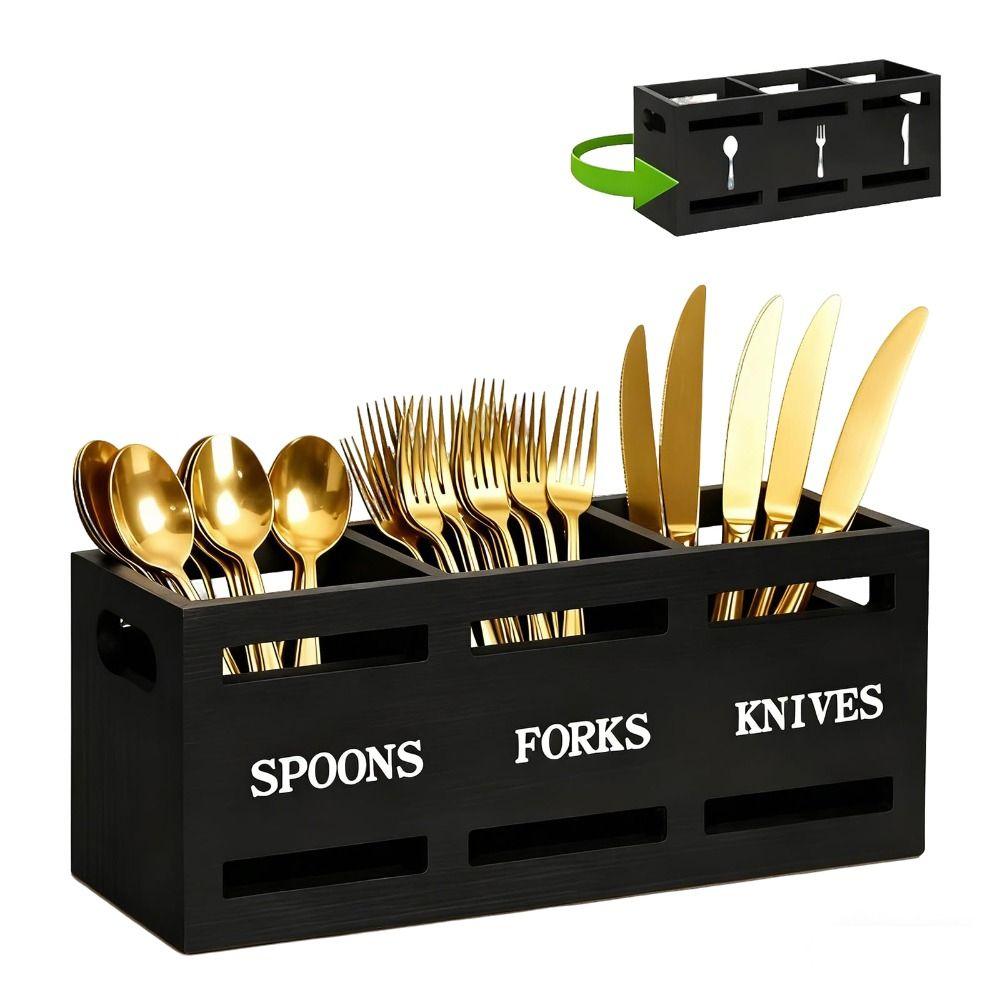 3 Compartments Cutlery Holder Wooden Storage Rack Portable Kitchen Utensil Holder Table Countertop