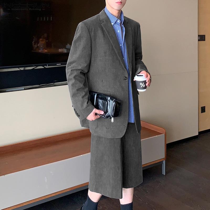 INCERUN Мужские костюмы из двух частей, большие размеры, блейзер с длинным рукавом, комплекты с брюками капри