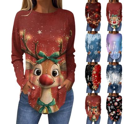 Футболки для женщин, осенние повседневные рубашки с длинными рукавами, толстовка с ретро-принтом, топ для рождественской вечеринки, пуловер