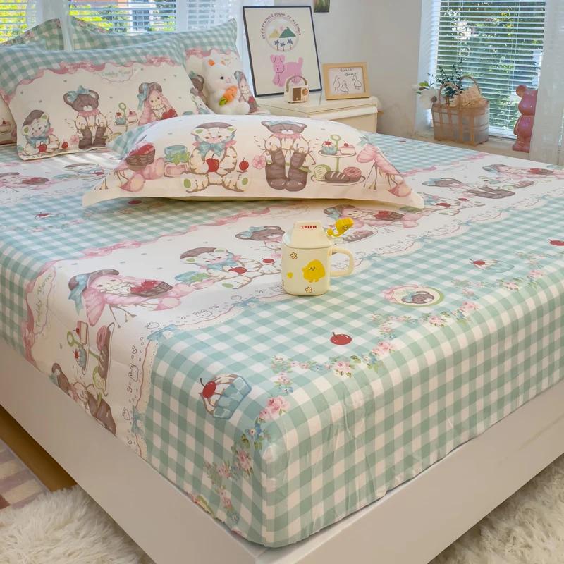 1pc 100%Cotton Bed Sheet Flower Printed Mattress Cover Single/Queen/King Fitted Bedsheet Double Bed Sheets (without Pillowcase)