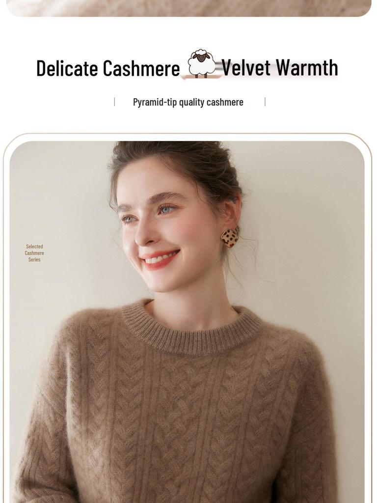 Women's Heavyweight Cashmere Cable Knit Round Neck Sweater - Autumn/Winter Pullover, Pure Color, Loose Fit